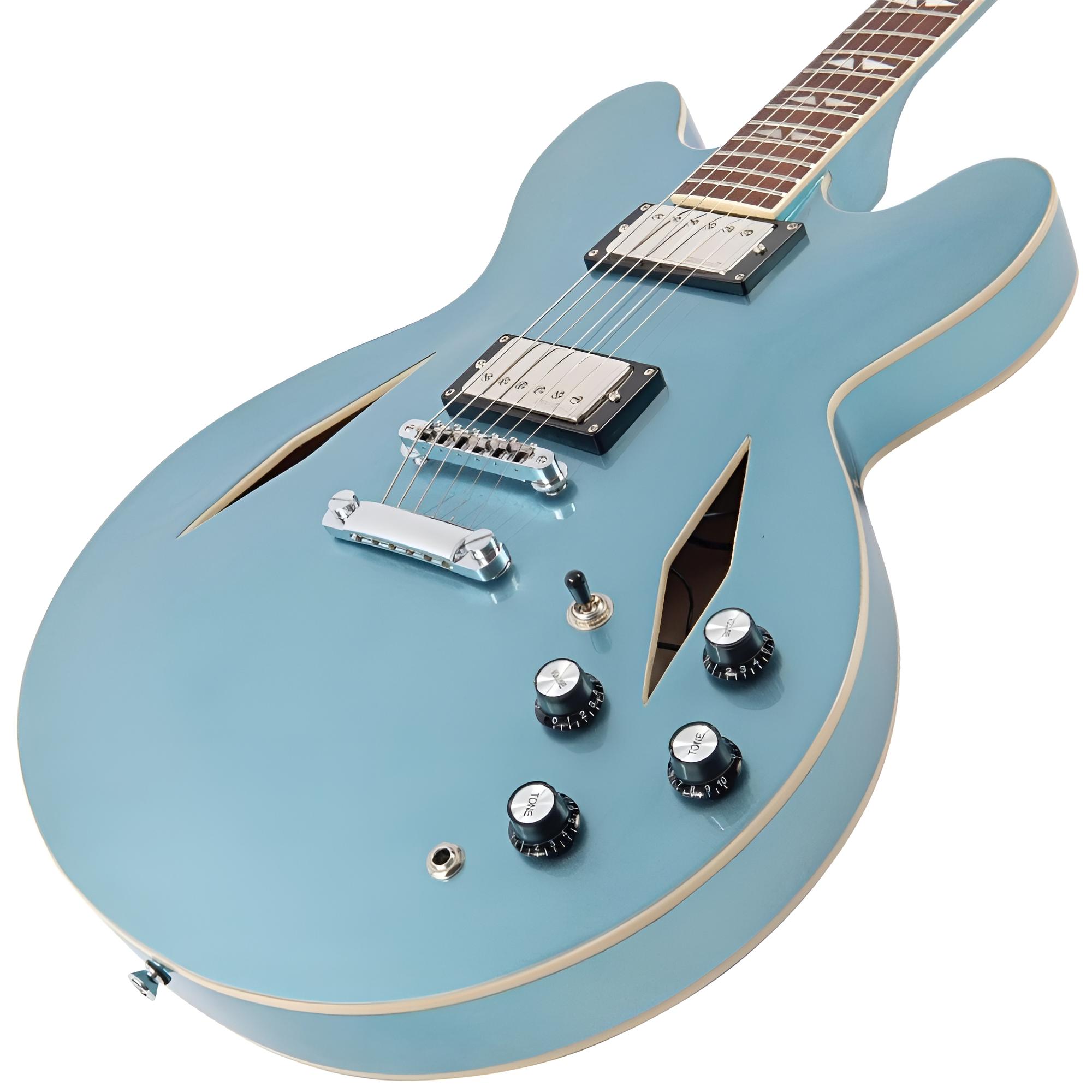 VINTAGE VSA550 "Pretender" Gun Hill Blue Semi Hollow E-Gitarre